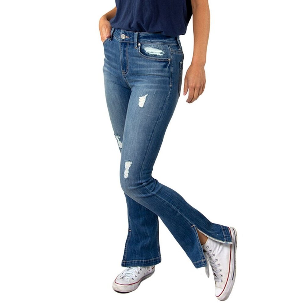 NWT INDIGO REIN HIGH RISE DISTRESSED BOOTCUT SPLIT LEG JEANS (15 JR.)